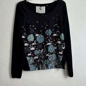 Anthropologie Black sweater with swan botanical print by Michelle Morin